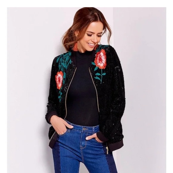 Gianni Bini Black Sequin Vintage Exclusive Bomber Jacket with Floral Embroidery - Picture 13 of 13